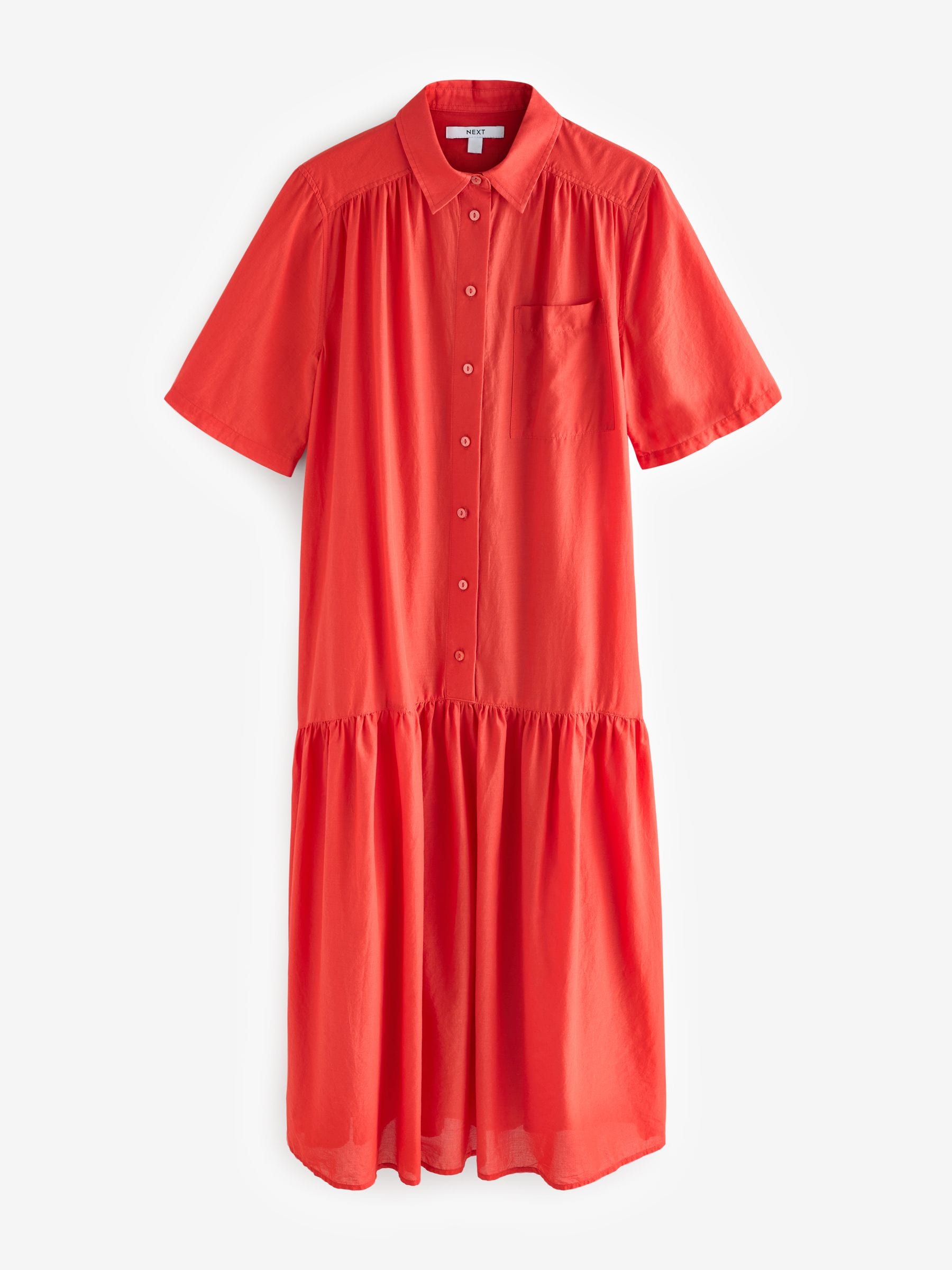 Buy Red Short Sleeve Drop Waist 100% Cotton Maxi Shirt Dress