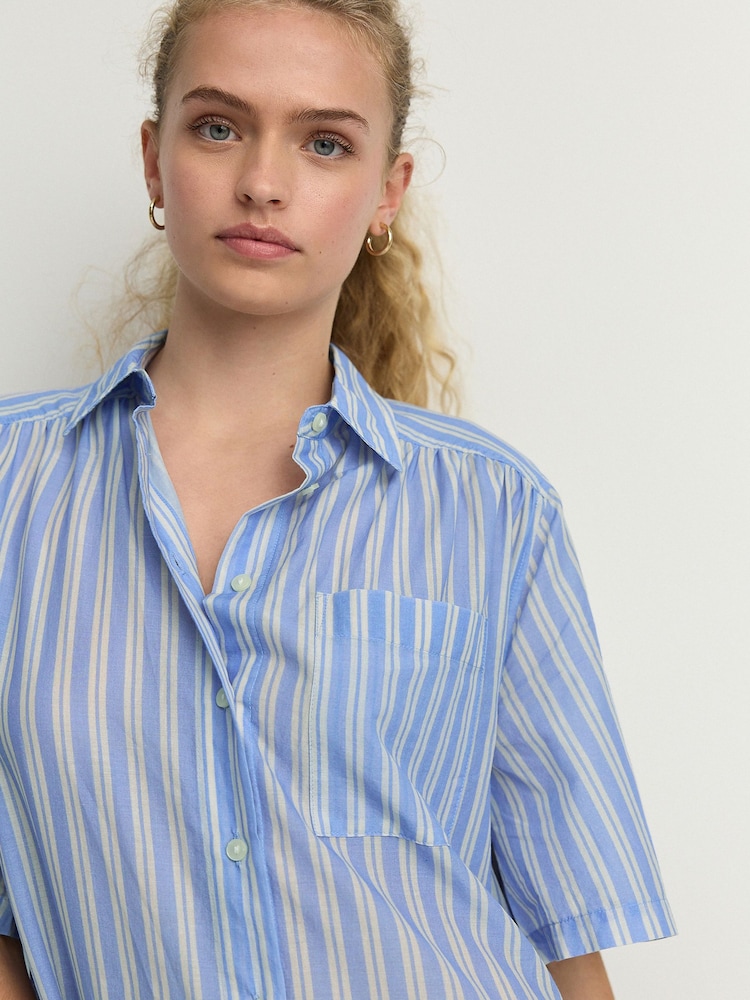 Blue Stripe Short Sleeve Drop Waist 100% Cotton Maxi Shirt Dress - Image 3 of 6