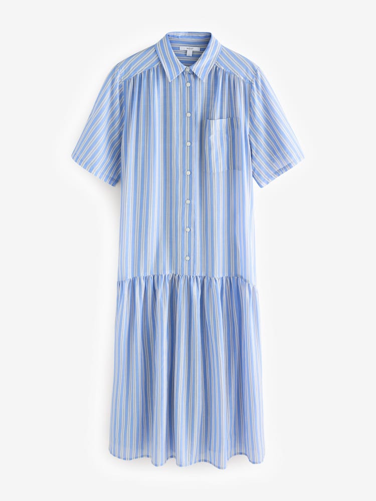 Blue Stripe Short Sleeve Drop Waist 100% Cotton Maxi Shirt Dress - Image 4 of 6