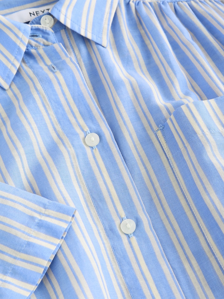Blue Stripe Short Sleeve Drop Waist 100% Cotton Maxi Shirt Dress - Image 5 of 6