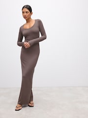 Taupe Pink Long Sleeve Scoop Bodycon Soft Touch Polyamide Midi Dress - Image 2 of 7