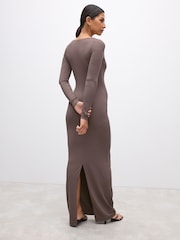Taupe Pink Long Sleeve Scoop Bodycon Soft Touch Polyamide Midi Dress - Image 3 of 7