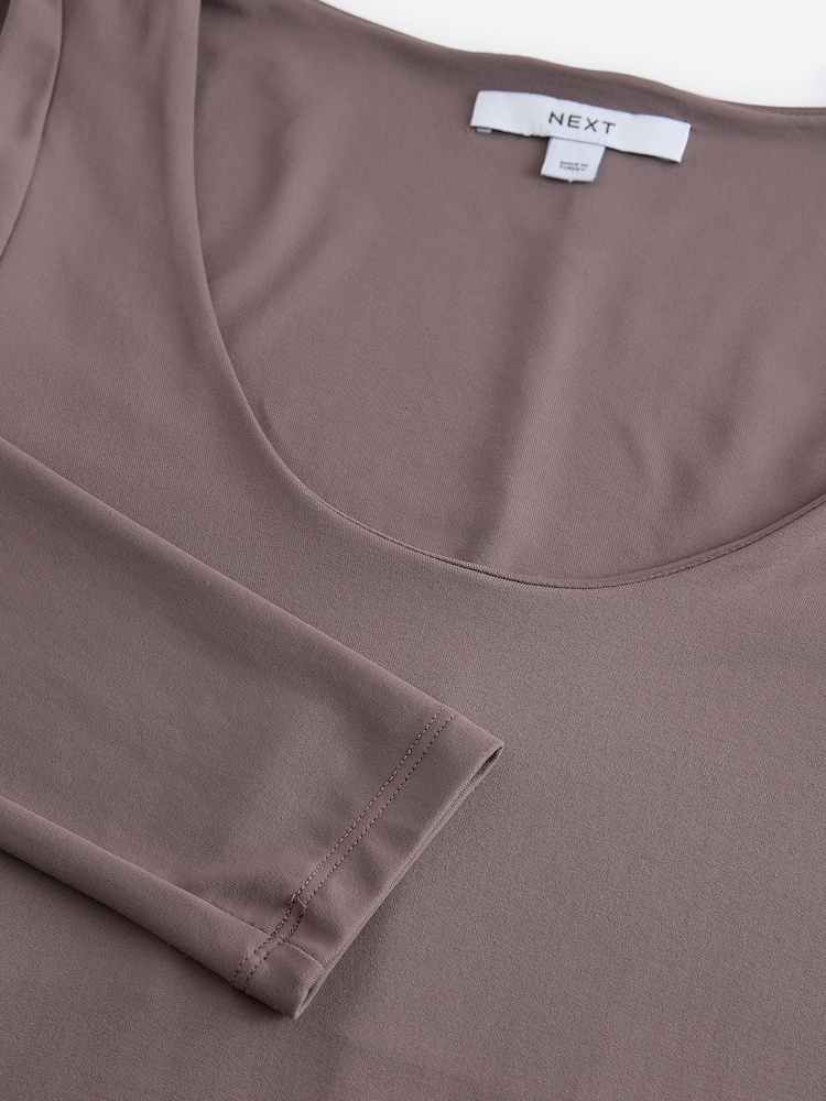 Taupe/rose - Manches longues Scoop Bodycon Soft Touch Polyamide Mi-long Robe - Image 6 of 7