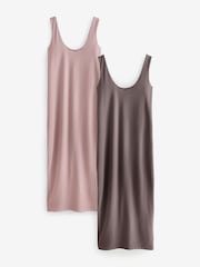 Pink/Brown Polyamide Soft Touch Sleeveless Scoop Neck Midi Dresses 2 Pack - Image 1 of 7