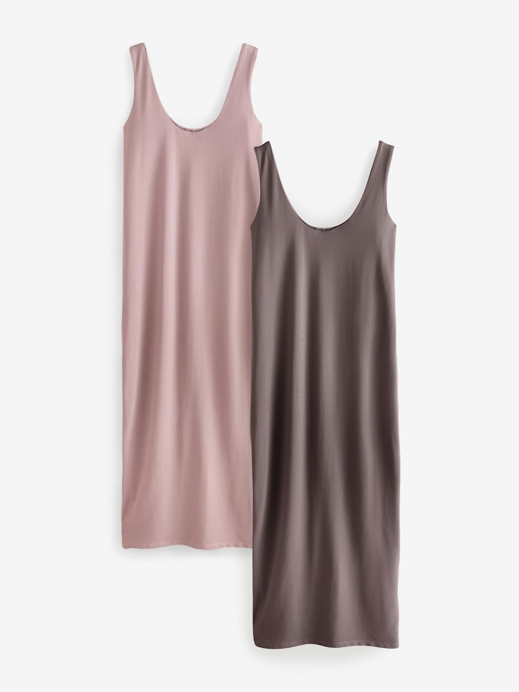 Pink/Brown Polyamide Soft Touch Sleeveless Scoop Neck Midi Dresses 2 Pack - Image 1 of 7