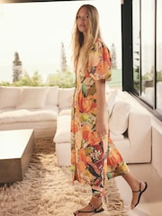 Bright Orange Fruit Print Button Down Puff Sleeve Midi Dress with Linen - Image 1 of 8
