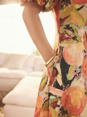 Bright Orange Fruit Print Button Down Puff Sleeve Midi Dress with Linen - Image 4 of 8