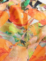 Bright Orange Fruit Print Button Down Puff Sleeve Midi Dress with Linen - Image 5 of 8