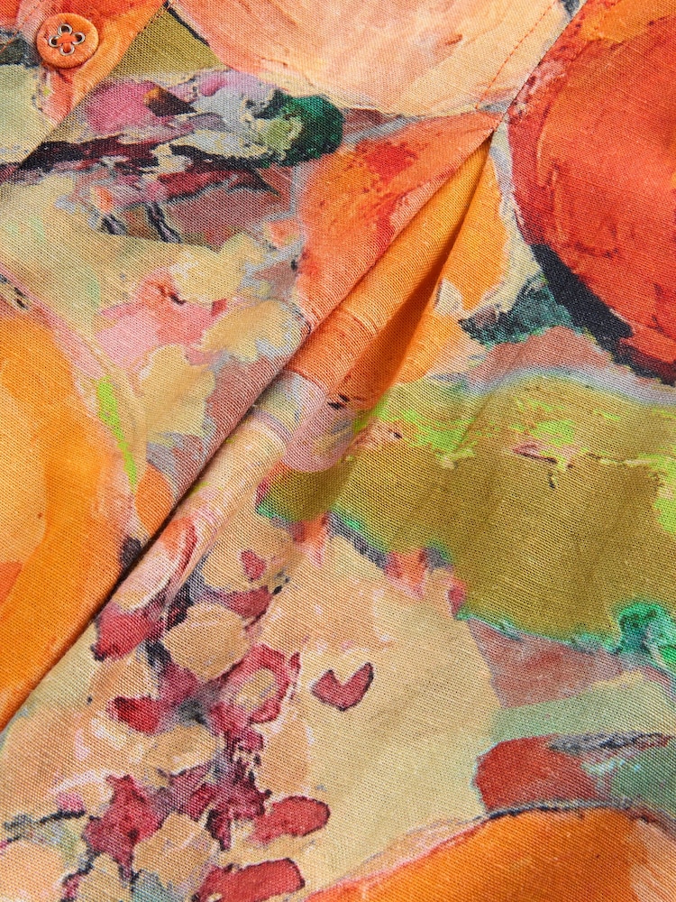 Orange Fruit Imprimé - Robe mi-longue boutonnée à manches bouffantes avec lin - Image 6 of 8
