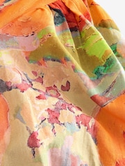 Bright Orange Fruit Print Button Down Puff Sleeve Midi Dress with Linen - Image 7 of 8