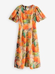 Bright Orange Fruit Print Button Down Puff Sleeve Midi Dress with Linen - Image 8 of 8