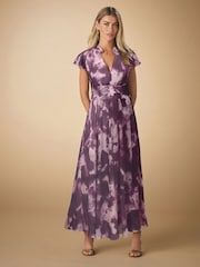 Pink/Violett - Plissiertes Midikleid aus Netzstoff mit V-Ausschnitt und Print für besondere Anlässe - Bild 1 von 9