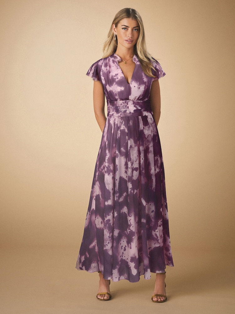 Pink/Violett - Plissiertes Midikleid aus Netzstoff mit V-Ausschnitt und Print für besondere Anlässe - Bild 1 von 9