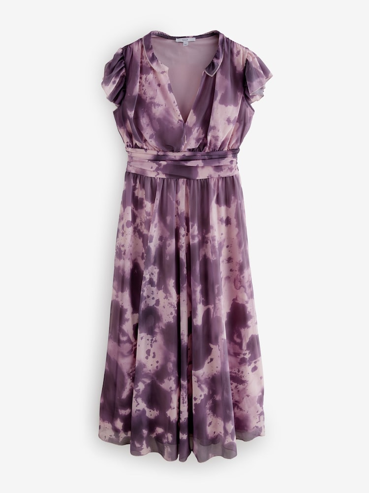 Pink/Purple Pleated Mesh Print V-Neck Occasion Midi Dress - Image 6 of 9