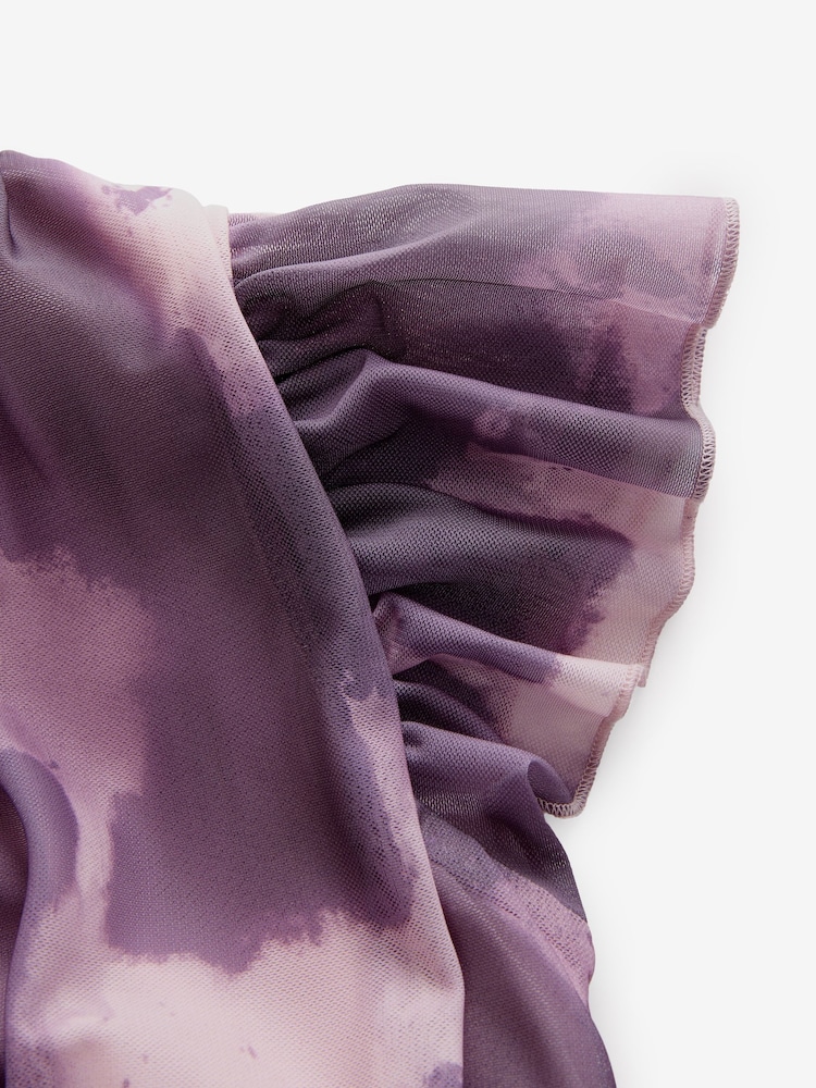 Pink/Purple Pleated Mesh Print V-Neck Occasion Midi Dress - Image 7 of 9