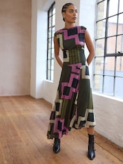 Green/Pink Geo Print Mesh Midi Short Sleeve Asymetric Hem Dress - Image 1 of 7