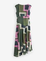 Green/Pink Geo Print Mesh Midi Short Sleeve Asymetric Hem Dress - Image 5 of 7