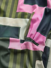 Green/Pink Geo Print Mesh Midi Short Sleeve Asymetric Hem Dress - Image 6 of 7
