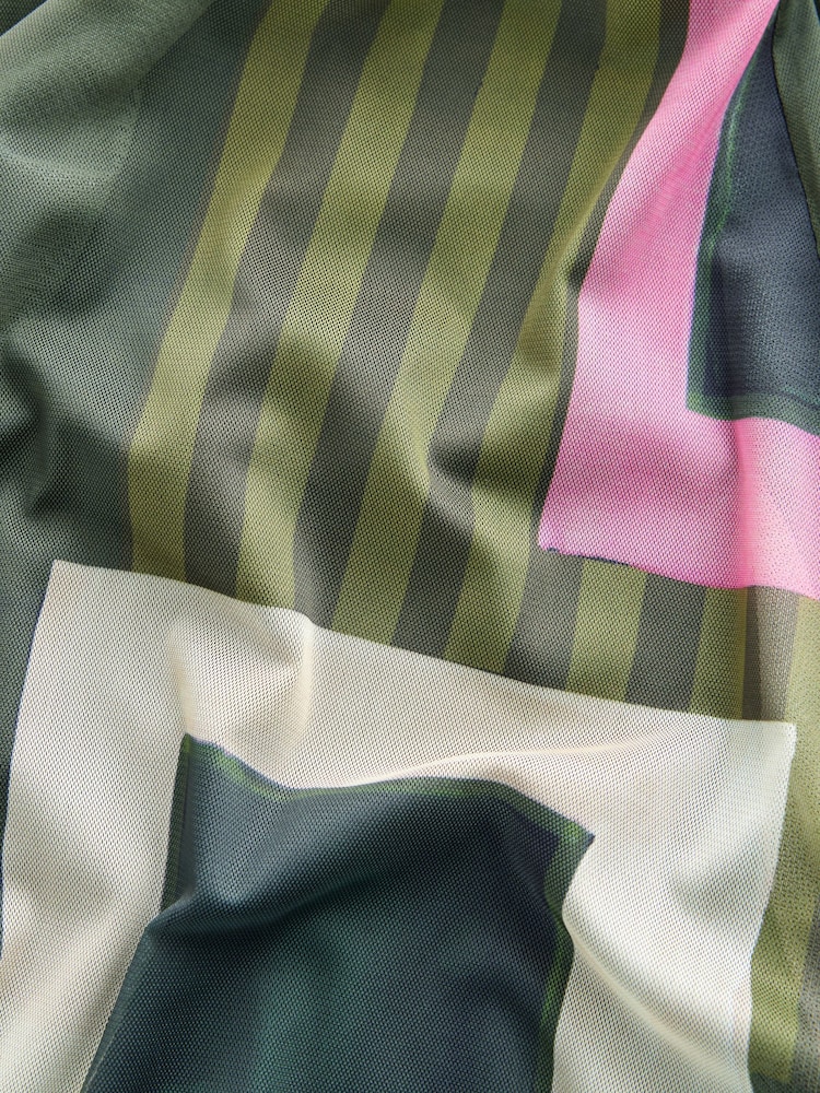 Green/Pink Geo Print Mesh Midi Short Sleeve Asymetric Hem Dress - Image 7 of 7