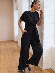 Negro texturizado - Tie Waist Detail Jumpsuit - Imagen 1 de 8