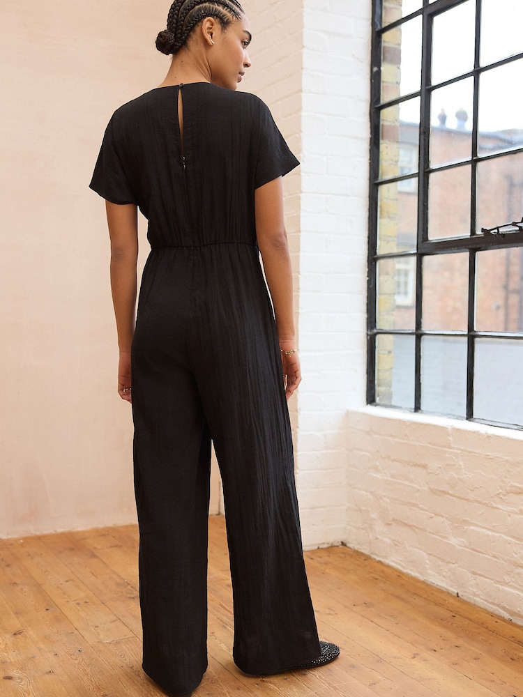 Black Textured Tie Waist Detail Jumpsuit - Image 4 of 8