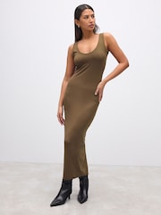 Green Khaki Polyamide Soft Touch Sleeveless Scoop Neck Midi Dress - Image 1 of 7