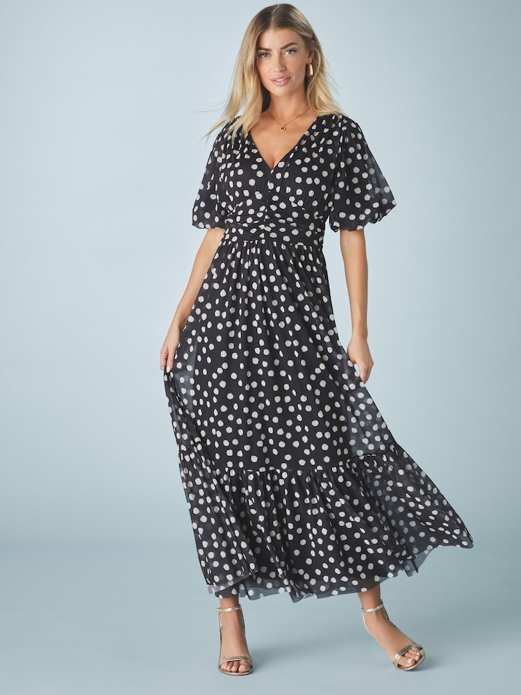 Black White Polka Dot Print Mesh Pleated Puff Sleeve Waist Detail Occasion Midi Dress - Image 1 of 8