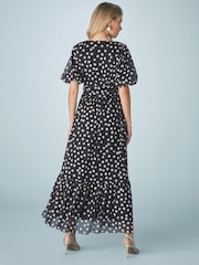 Black White Polka Dot Print Mesh Pleated Puff Sleeve Waist Detail Occasion Midi Dress - Image 3 of 8