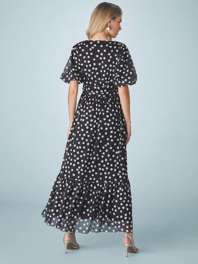 Black White Polka Dot Print Mesh Pleated Puff Sleeve Waist Detail Occasion Midi Dress - Image 3 of 8