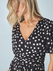 Black White Polka Dot Print Mesh Pleated Puff Sleeve Waist Detail Occasion Midi Dress - Image 4 of 8