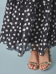 Black White Polka Dot Print Mesh Pleated Puff Sleeve Waist Detail Occasion Midi Dress - Image 5 of 8