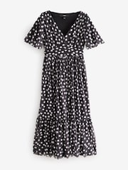 Black White Polka Dot Print Mesh Pleated Puff Sleeve Waist Detail Occasion Midi Dress - Image 6 of 8
