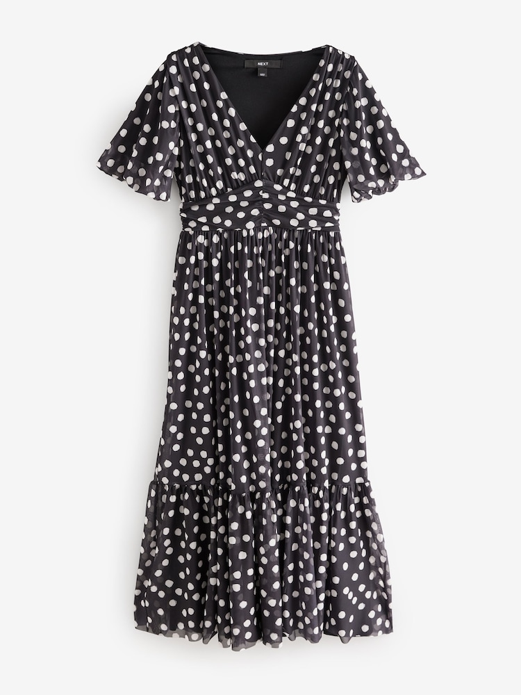 Black White Polka Dot Print Mesh Pleated Puff Sleeve Waist Detail Occasion Midi Dress - Image 6 of 8
