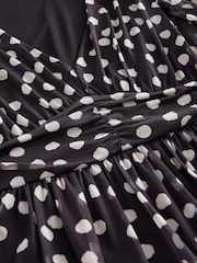 Black White Polka Dot Print Mesh Pleated Puff Sleeve Waist Detail Occasion Midi Dress - Image 7 of 8