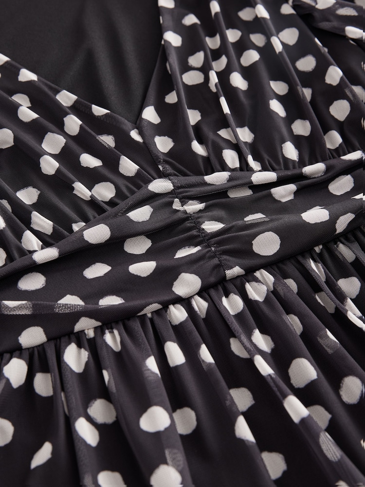 Black White Polka Dot Print Mesh Pleated Puff Sleeve Waist Detail Occasion Midi Dress - Image 7 of 8