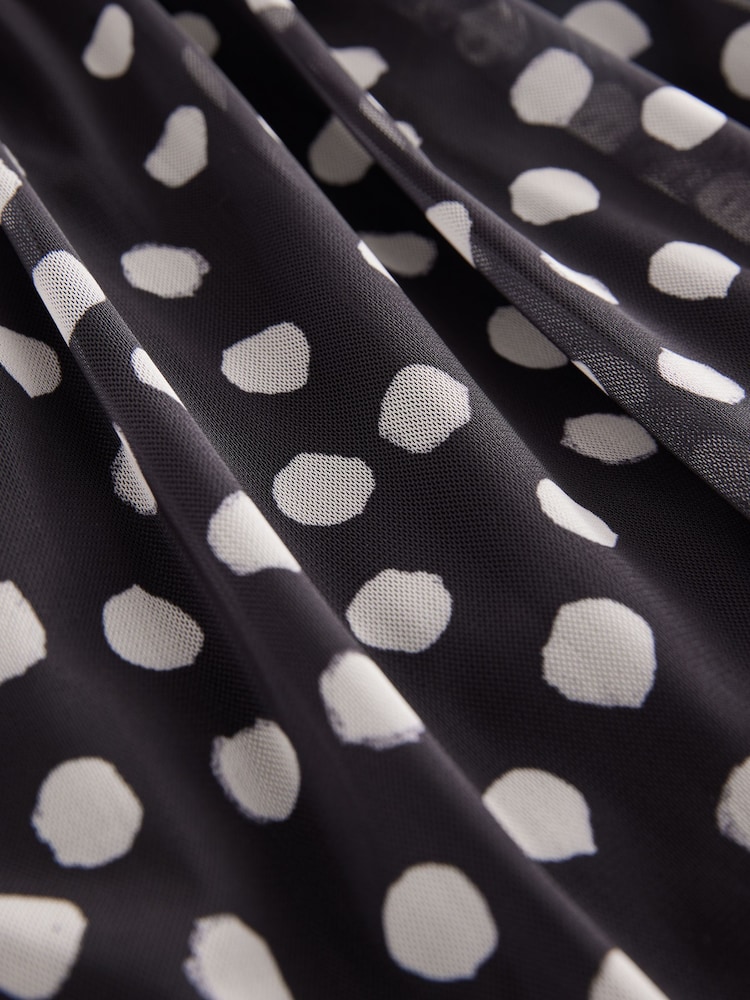 Black White Polka Dot Print Mesh Pleated Puff Sleeve Waist Detail Occasion Midi Dress - Image 8 of 8