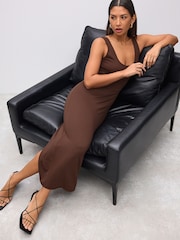 Chocolate Brown Polyamide Soft Touch Sleeveless Scoop Neck Midi Dress - Image 2 of 7