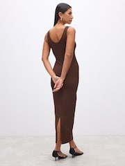 Chocolate Brown Polyamide Soft Touch Sleeveless Scoop Neck Midi Dress - Image 3 of 7