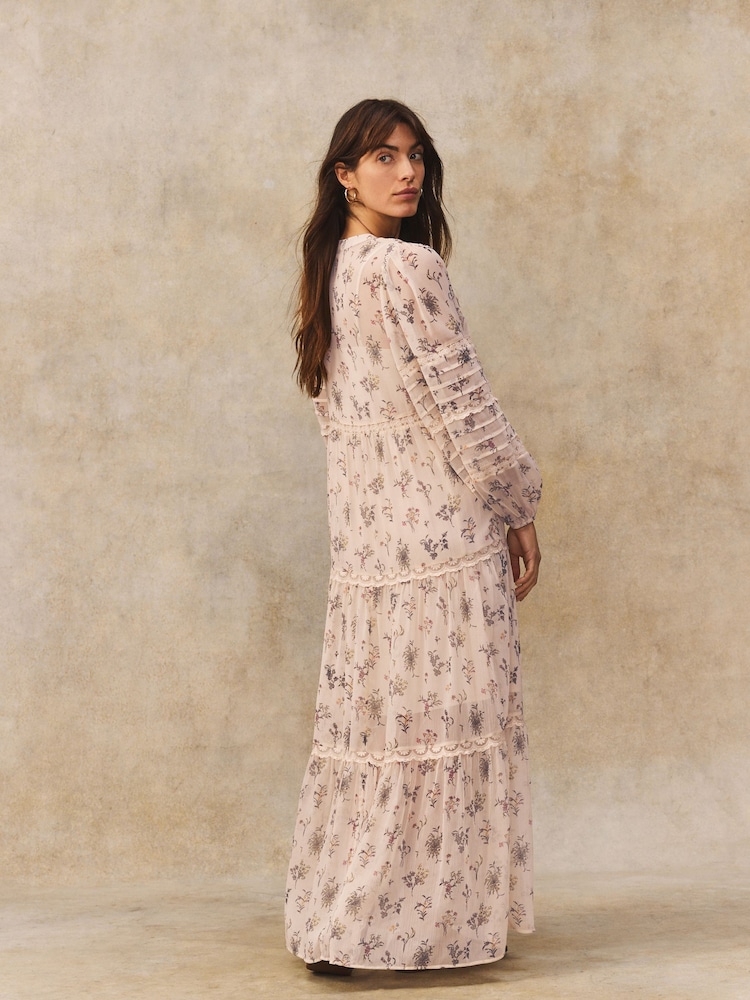 Cream Ditsy Floral Long Sleeve V-Neck Tiered Sheer Lace Boho Midi Dress - Image 3 of 7
