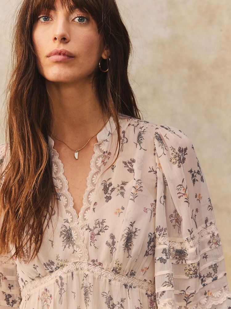 Cream Ditsy Floral Long Sleeve V-Neck Tiered Sheer Lace Boho Midi Dress - Image 4 of 7