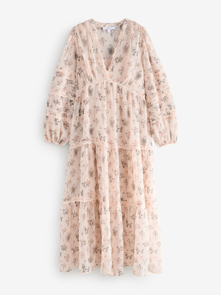 Cream Ditsy Floral Long Sleeve V-Neck Tiered Sheer Lace Boho Midi Dress - Image 5 of 7