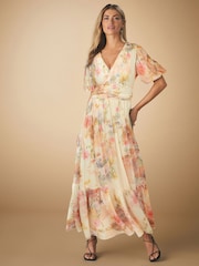 Off White Smudge Floral Print Mesh Pleated Puff Sleeve Waist Detail Occasion Midi Dress - Image 1 of 8
