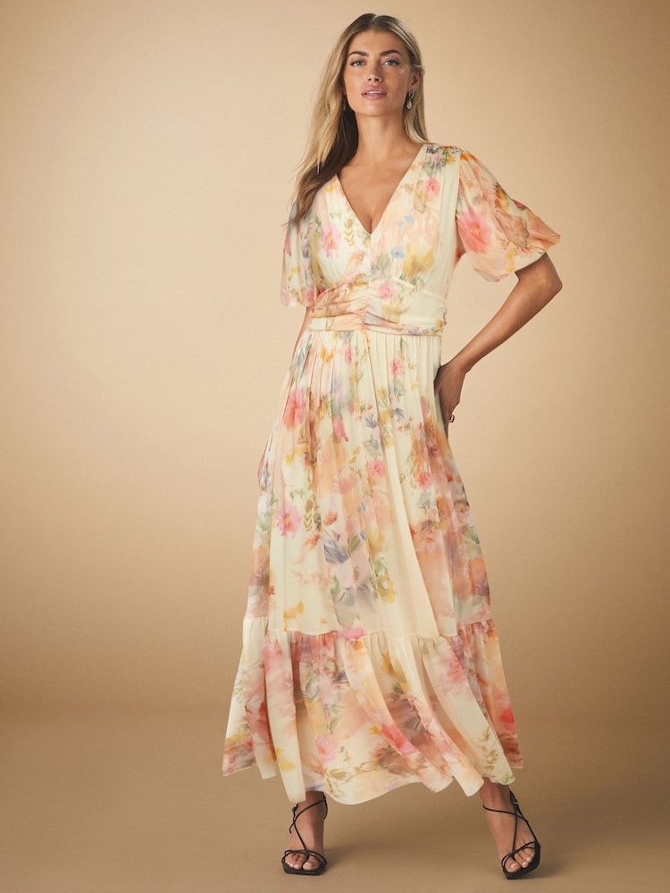 Off White Smudge Floral Print Mesh Pleated Puff Sleeve Waist Detail Occasion Midi Dress - Image 1 of 8