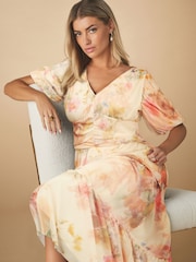 Off White Smudge Floral Print Mesh Pleated Puff Sleeve Waist Detail Occasion Midi Dress - Image 2 of 8