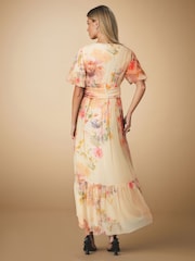 Off White Smudge Floral Print Mesh Pleated Puff Sleeve Waist Detail Occasion Midi Dress - Image 3 of 8