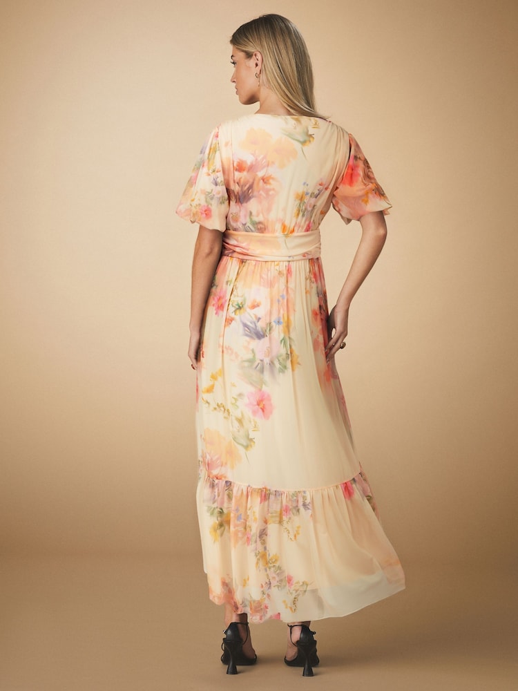 Off White Smudge Floral Print Mesh Pleated Puff Sleeve Waist Detail Occasion Midi Dress - Image 3 of 8