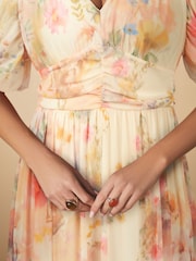 Off White Smudge Floral Print Mesh Pleated Puff Sleeve Waist Detail Occasion Midi Dress - Image 5 of 8