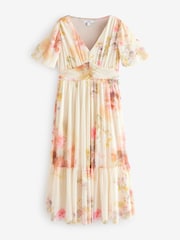 Off White Smudge Floral Print Mesh Pleated Puff Sleeve Waist Detail Occasion Midi Dress - Image 6 of 8