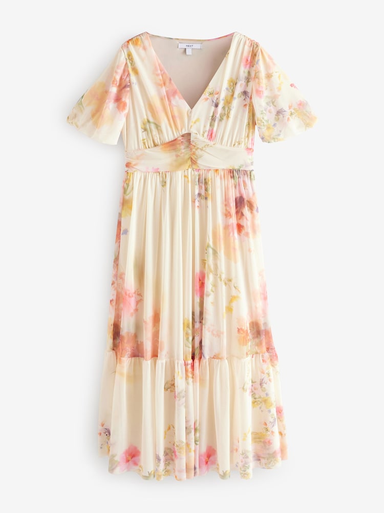Off White Smudge Floral Print Mesh Pleated Puff Sleeve Waist Detail Occasion Midi Dress - Image 6 of 8