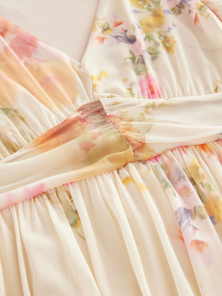 Off White Smudge Floral Print Mesh Pleated Puff Sleeve Waist Detail Occasion Midi Dress - Image 7 of 8